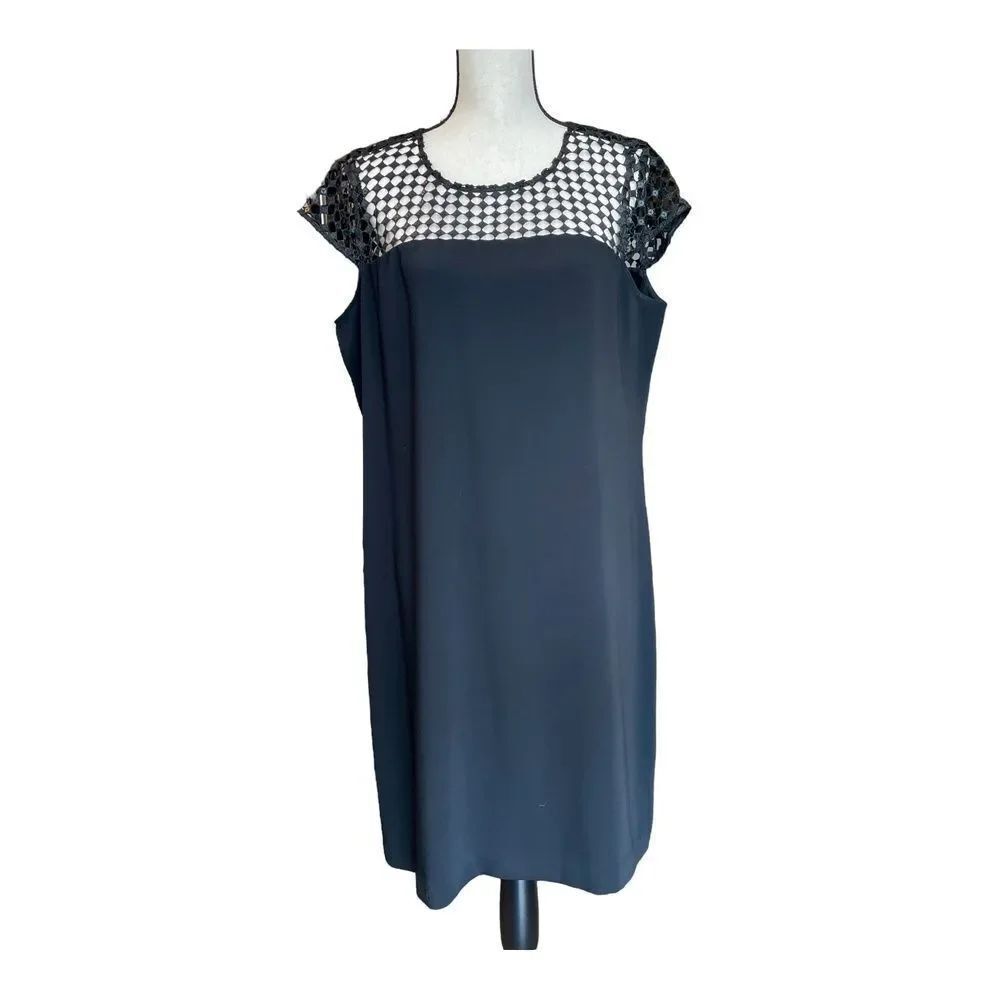 Calvin Klein Black Sequin Crochet Mesh Shift Dress Cap Sleeve Cocktail Size 14 - Picture 2 of 11